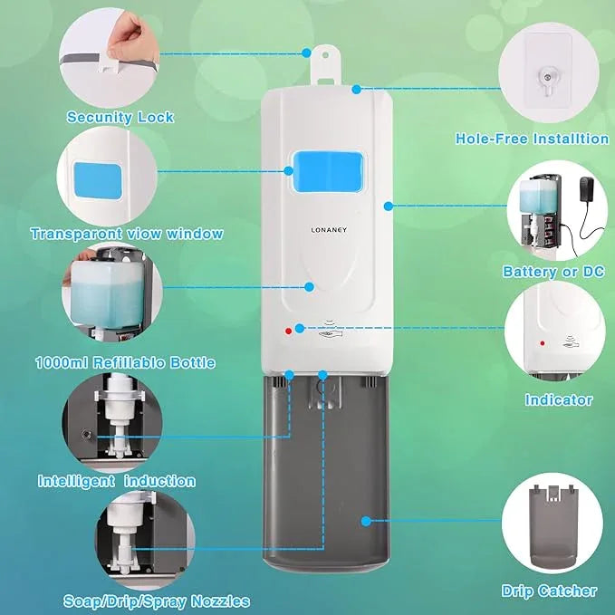 LONANEY Touchless Automatic Foaming Hand Soap Dispenser Wall Mount, Motion Sensor Foam Liquid Refill Bottle Sanitizer Dispensing for Bathroom Kitchen Home Farmhouse Station - ModernBath