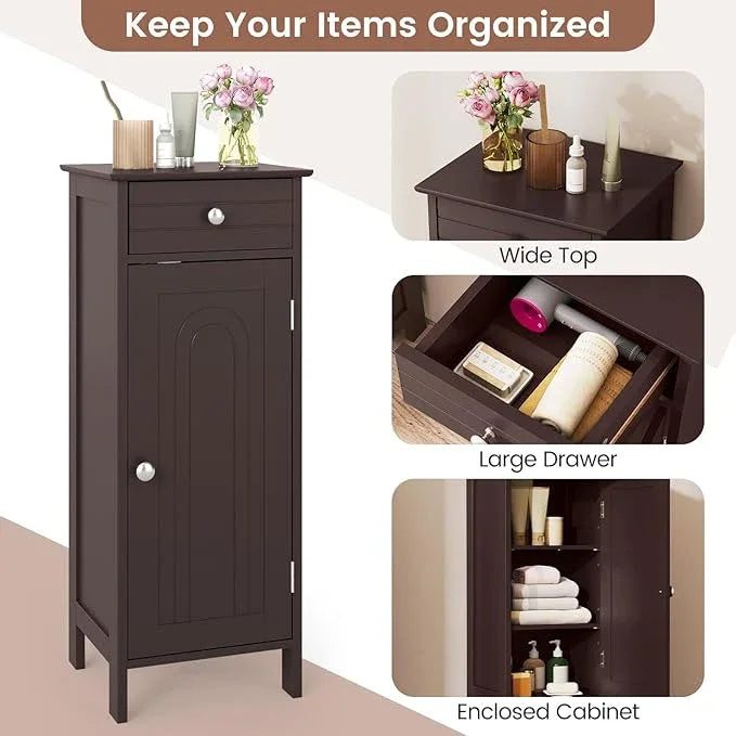 GLACER Floor Storage Cabinet, Multifunctional Freestanding Bathroom Storage Cabinet with 2 Adjustable Shelves, Ideal for Bathroom, Living Room, 14 x 12 x 34.5 inches (Brown) - ModernBath