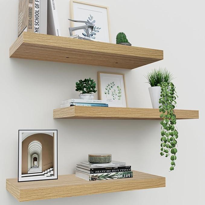 Floating Shelves for Wall Set of 3, 16" Light Brown Wood Wall Shelves for Home Decor, Frame Display Floating Shelf for Living Room, Bedroom, Bathroom, Kitchen - ModernBath