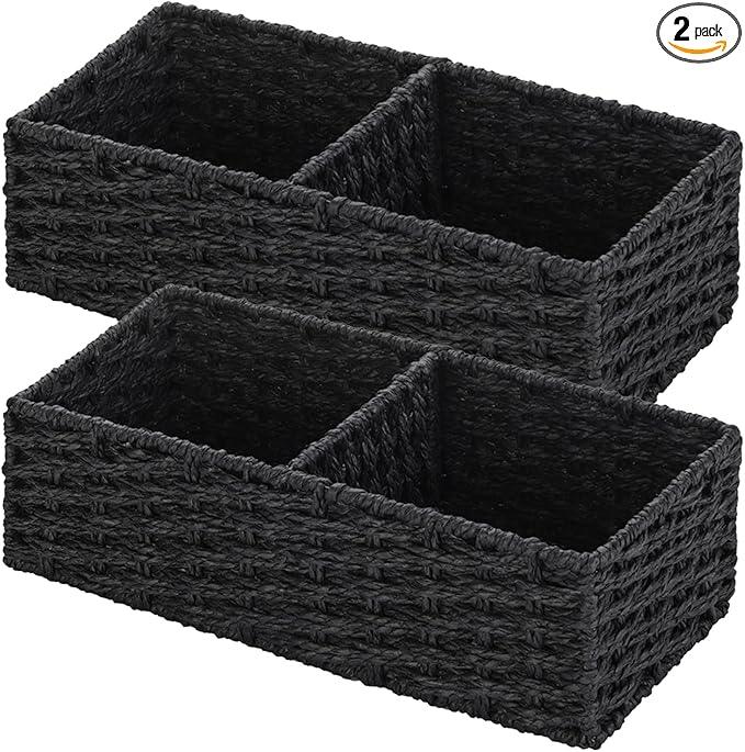 Vagusicc 2 Section Wicker Storage Basket, Black Wicker Baskets, Toilet Tank Basket, Small Baskets for Organizing Storage Shelves, 2-Pack - ModernBath