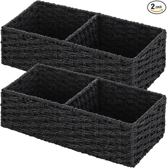 Vagusicc 2 Section Wicker Storage Basket, Black Wicker Baskets, Toilet Tank Basket, Small Baskets for Organizing Storage Shelves, 2-Pack - ModernBath