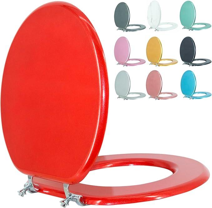 BLOFDE Round Toilet Seat Wood Toilet Seat Prevent Shifting with Zinc Alloy Hinges American Standard Size Toilet Seat Easy to Install also Easy to Clean (Round,Sparkling Christmas Red) - ModernBath