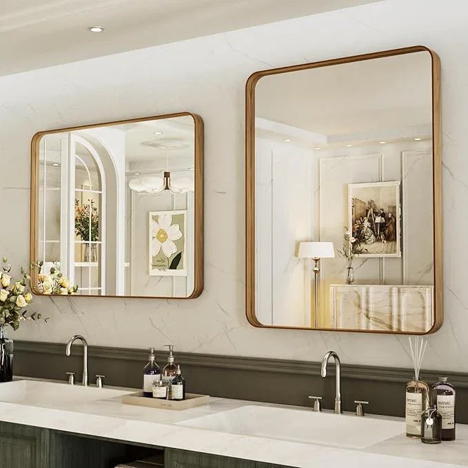 LOAAO 24X32 Inch Bathroom Mirror with Wood Grain Colored Metal Frame, Rounded Rectangle Metal Framed Bathroom Mirror, Anti-Rust, Hangs Horizontally or Vertically - ModernBath