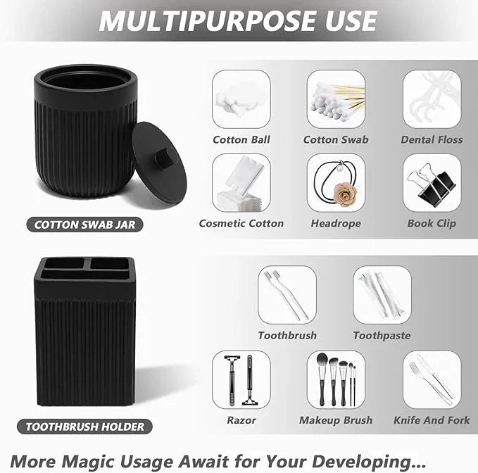 XLHOMO Resin Matte Black Bathroom Accessories Set 5 Pcs, Lotion Soap Dispenser, Toothbrush Holder, Bathroom Tumbler, Qtip Holder and Vanity Tray, Bathroom Countertop Organizer Set for Home Apartment - ModernBath