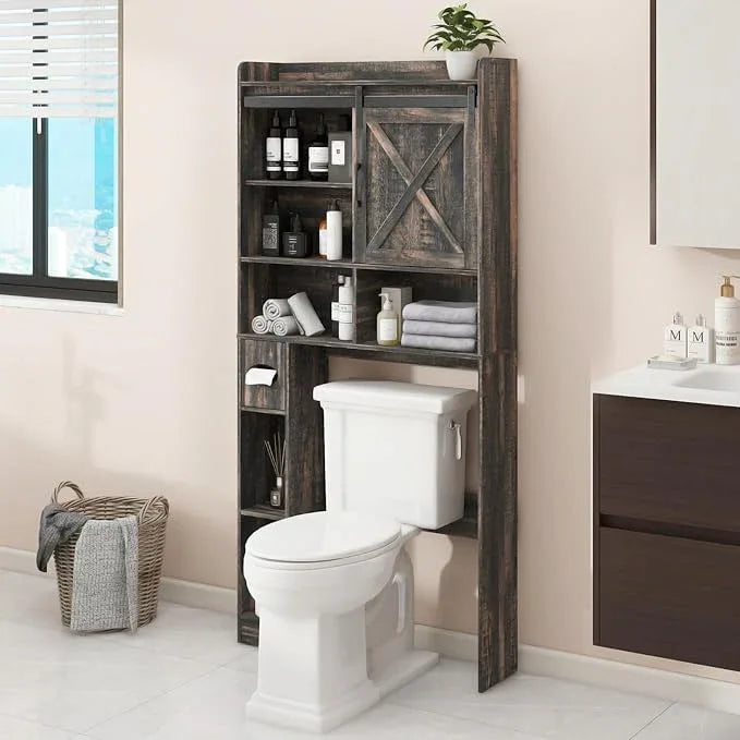 Over The Toilet Storage Cabinet, Farmhouse Storage Cabinet Over Toilet with Sliding Doors & Toilet Paper Holder Stand，Home Space-Saving Toilet Rack, for Bathroom, Laundry(Dark Grey) - ModernBath