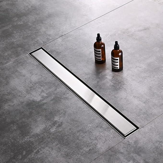 Linear Shower Floor Drain, 60 Inch Brushed Nickel 304 Stainless Steel Bathroom Drains Kit, Rectangular Shower Trench Drain with Reversable Tile-in Pattern Drain Cover & Hair Catcher - ModernBath