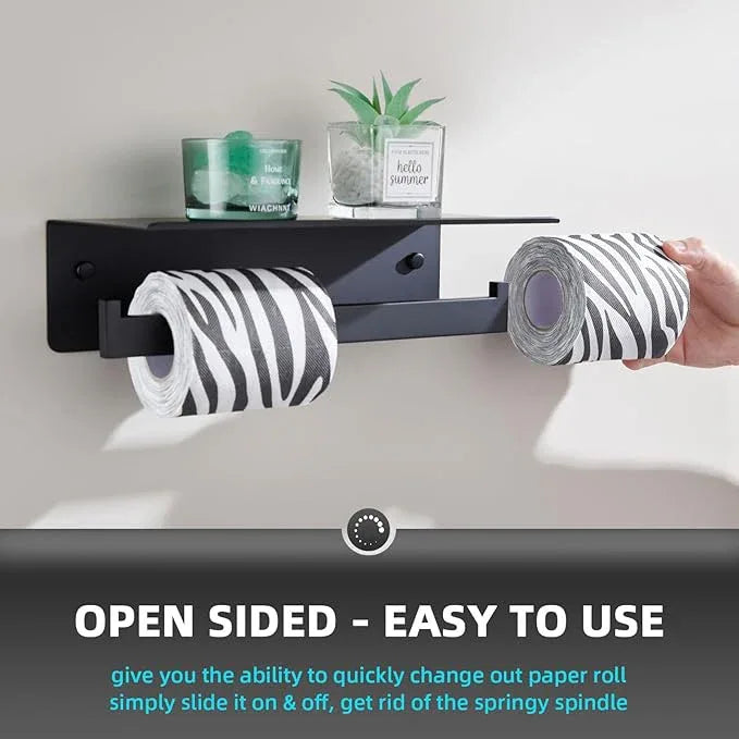 Angle Simple Matte Black Toilet Paper Holder with Shelf, 304 Stainless Steel Double Toilet Tissue Roll Holder for Wall - ModernBath