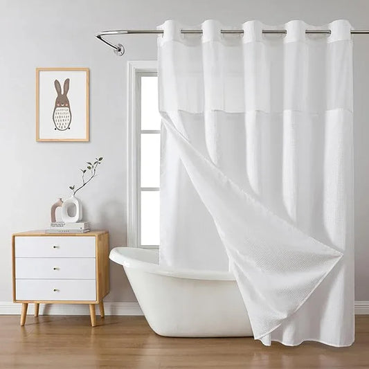 eachope White No Hook Waffle Weave Shower Curtain with snap-in Liner Replacement, 230GSM Waterproof Fabric Hotel Shower Curtain Set for Bathroom, Through Mesh Top Window,71Wx77H - ModernBath