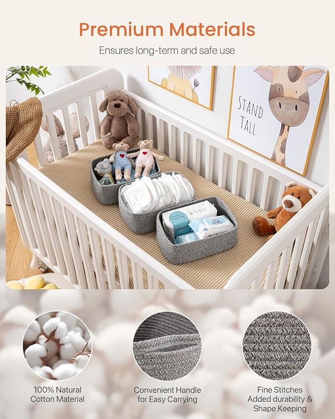Small Woven Basket, 12 x 8 x 4.5 Inches, Storage Basket for Organizing, Cute Small Rope Shelf Closet Cube Storage Bins Baskets for Shelves, Dog Toy Gift Baskets Empty, 3 Packs, Mixed Grey - ModernBath