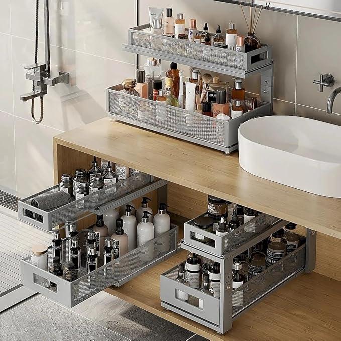 2 Pack 21.3IN-Depth Under Sink Organizer with Next-Gen Ball-Bearing Slides,2-Tier Pull Out Cabinet Storage,Height Adjustable Drawer Shelf for Bathroom,Kitchen,Laundry,Cabinet,Pantry-Gun Gray - ModernBath