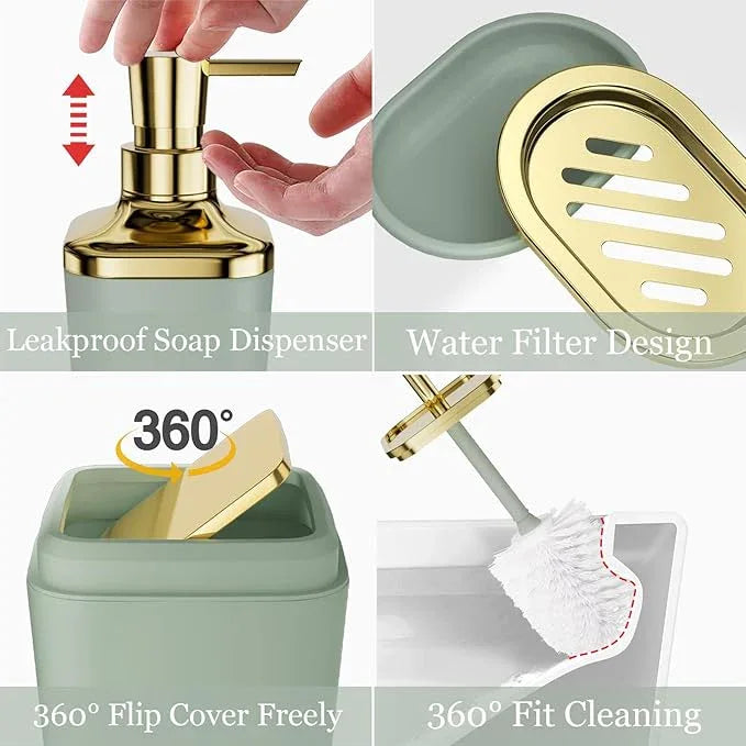 XLHOMO Bathroom Set - Sage Green Bathroom Accessories Set, Bathroom Sets with Shower Curtain and Rugs, Sage Green Shower Curtain Set with Bathroom Trash Can, Soap Dispenser, Soap Dish for Home Decor - ModernBath