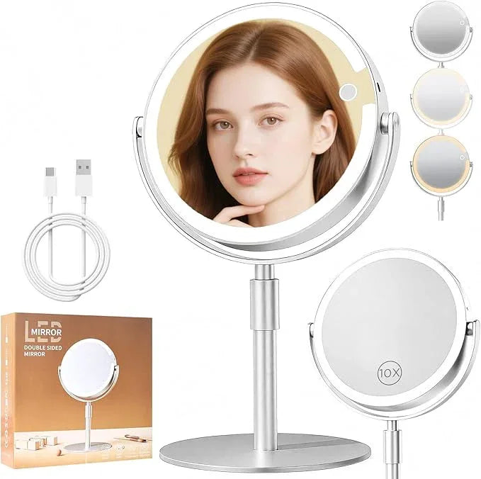 FRANO Lighted Makeup Mirror with Magnification (1X/10X), 8" Round Magnifying Vanity Mirror with Lights, Cordless Double Sided Light Weight Aluminum Alloy - Gifts Idea - ModernBath