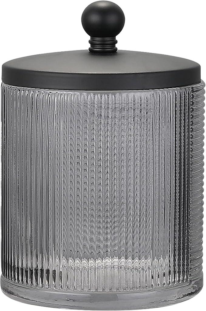 Indecor Home Gray Colored Tranlucent Apothecary Ribbed Geo Etched Glass Jar W/Matte Black Metal Lid Cover for Bathroom Organization, Cotton Balls, Q Tips, and Small Accessories, Bathroom Storage - ModernBath
