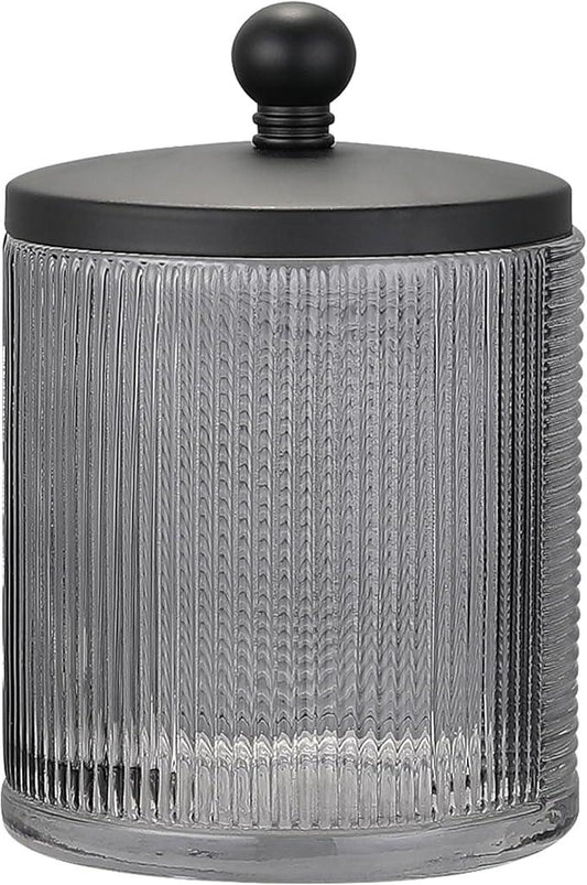 Indecor Home Gray Colored Tranlucent Apothecary Ribbed Geo Etched Glass Jar W/Matte Black Metal Lid Cover for Bathroom Organization, Cotton Balls, Q Tips, and Small Accessories, Bathroom Storage - ModernBath