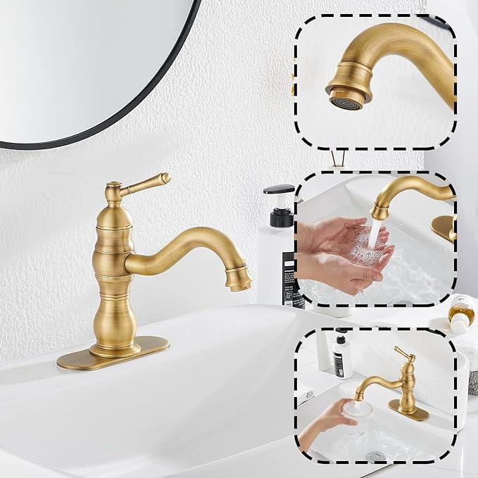 Antique Brass Bathroom Faucet GGStudy 360° Swivel Bathroom Vanity Faucet Single Handle One Hole Basin Matching Pop Up Drain with Overflow - ModernBath