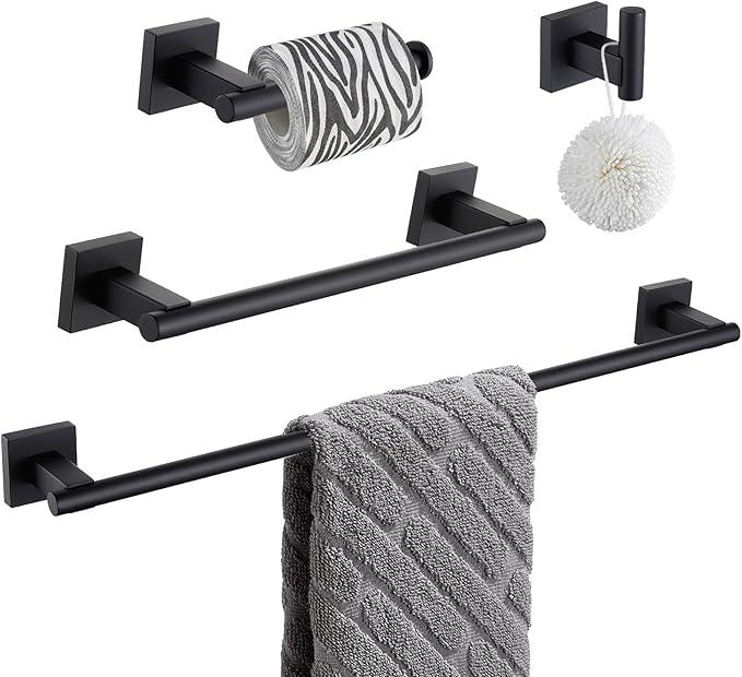 Suyar Bathroom Accessories Set, SUS 304 Stainless Steel Bathroom Hardware Set 4 PCS, Include Robe Hook, Toilet Paper Holder, Hand Towel Holder, Towel Bar, Matte Black - ModernBath