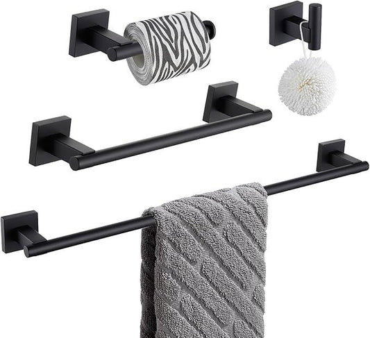 Suyar Bathroom Accessories Set, SUS 304 Stainless Steel Bathroom Hardware Set 4 PCS, Include Robe Hook, Toilet Paper Holder, Hand Towel Holder, Towel Bar, Matte Black - ModernBath