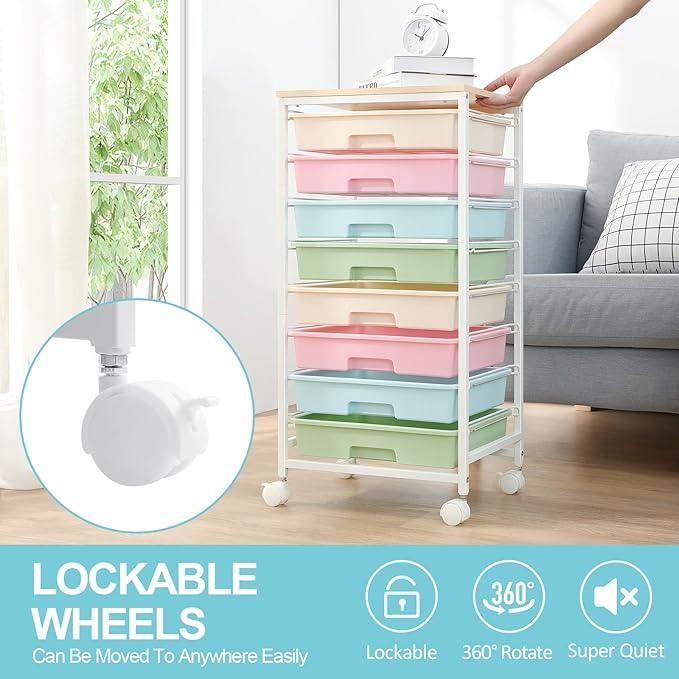 Rolling Storage Cart with Drawers,Utility Cart With 8 Drawers and Wooden Tabletop,Rolling Drawer Cart,Storage Drawer Cart for Living Room,Classroom,Bedroom,Bathroom,Dorm,Office,Rainbow - ModernBath