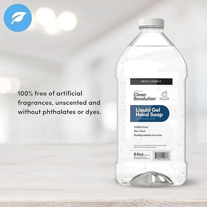 Clean Revolution Liquid Gel Hand Soap, Silky Rich Liquid, Quick Lather, Fast Rinsing (Fragrance Free) 64 Fl Oz - ModernBath