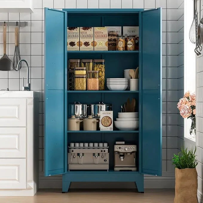 COFaR Home Farmhouse Storage Cabinet with 2 Barn Door, Tall Kitchen Pantry Cupboard with 3 Adjustable Shelves, for Dining Room, Bathroom, Living Room (Blue Green, 61" Farmhouse) - ModernBath