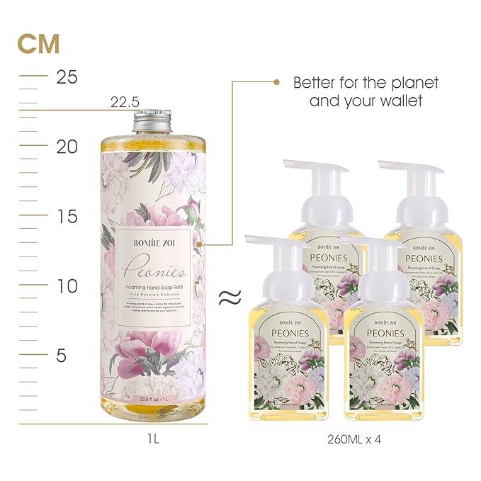 ROMIIE ZOI Foaming Hand Soap Refills 3-Pack (33.8 Fl Oz x 3) with Refilable Dispenser Peony Scented–Chemical-Free for Sensitive Skin, Bulk Refill Bottles for Bathroom & Kitchen Use - ModernBath