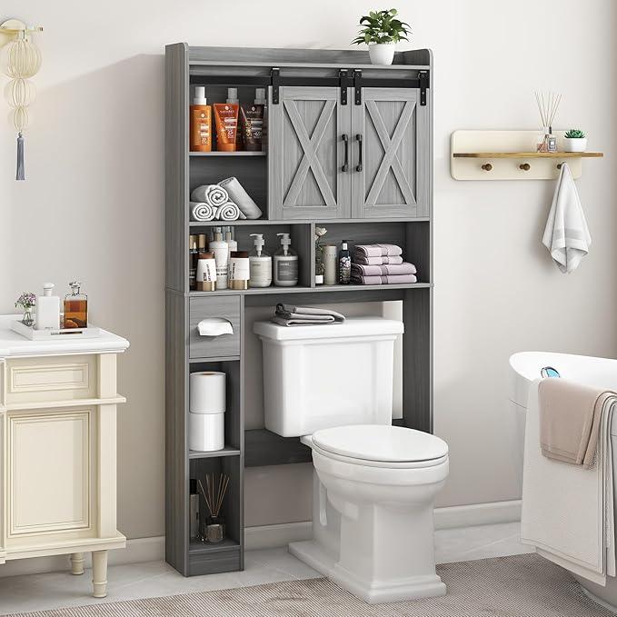 Farmhouse Over The Toilet Storage Cabinet with Sliding Door & Toilet Paper Holder Stand, Space-Saving for Bathroom & Restroom, Wash Grey - ModernBath