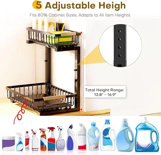 Under Sink Organizer, 2 Tier Pull Out Under-Sink Shelves, Adjustable Height (13.8" -16.9"), Sturdy Metal Storage Organizer for Bathroom Kitchen Pantry Cabinet (2 Packs, Black) - ModernBath