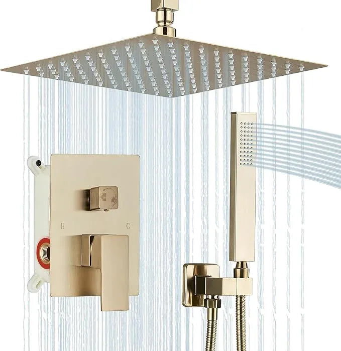 Shower Faucet Set Rain Shower System with 10 Inches Rain Shower Head and Handheld Spray, Bathroom Shower Fixtures Brushed Gold Shower Kit with Brass Valve,Ceiling Mounted - ModernBath