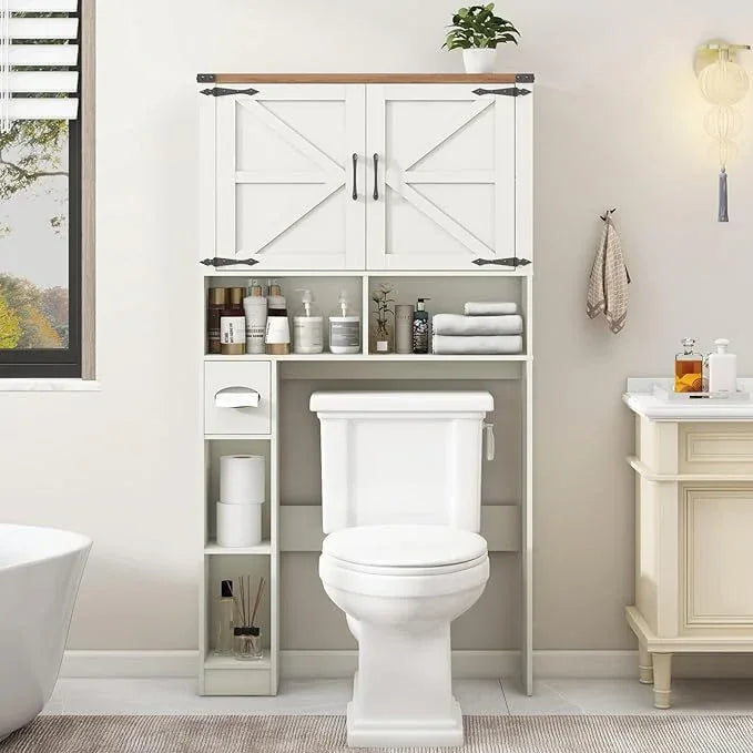 Vabches Over The Toilet Storage Cabinet, Farmhouse Storage Cabinet Over Toilet with 2 Barn Doors && Toilet Paper Holder Stand，Home Space-Saving Toilet Rack, for Laundry, Restroom, Bathroom - ModernBath