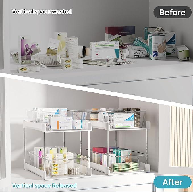Vtopmart 2 Pack Bathroom Organizer, 2 Tier White Under Sink Organizers Vanity Countertop Storage Container,Cabinet Drawers Bins, Pull-Out Organization with Track for Pantry, Kitchen - ModernBath