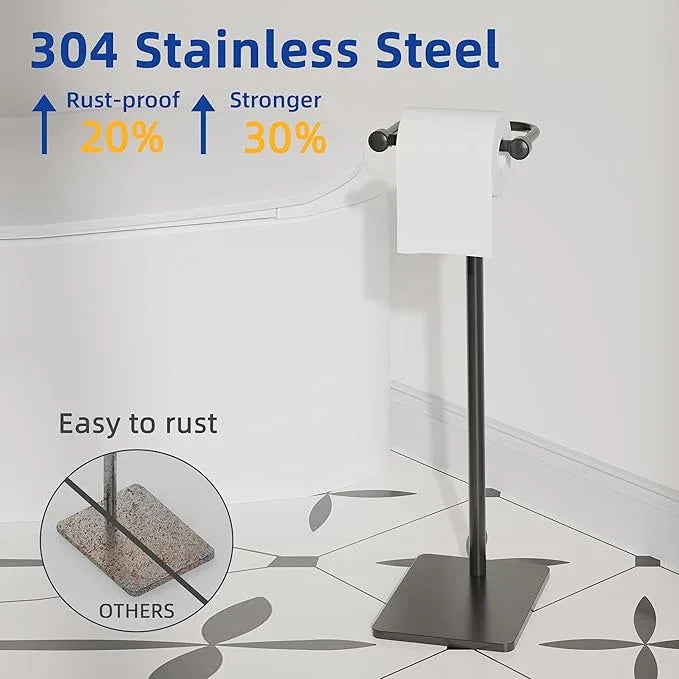 RUACQ Toilet Paper Holder Stand, Bathroom Toilet Paper Roll Holder Free Standing, Toilet Tissue Holder Stand with Post Pivoting Design, Stable Weighted Base, SUS304 Stainless Steel (Matte Black) - ModernBath