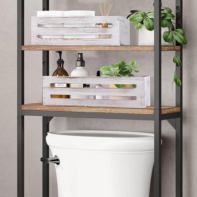 LotFancy Bathroom Decor Box, 2 Pack Wooden Toilet Paper Holder, White Toilet Storage Basket for Back of Toilet, Farmhouse Toilet Tank Topper - ModernBath