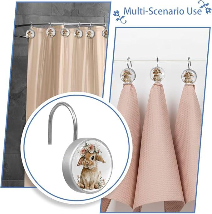 Cute Rabbits and Florals Rust Proof Shower Curtain Hooks 12Pcs for Bathroom Shower Rod, Decorative Shower Hooks Shower Curtain Hanger Rings Roller, Glass, Resin, Stainless Steel - ModernBath