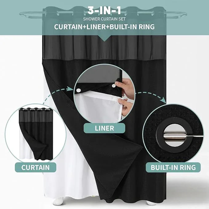 eachope Black Extra Long No Hook Waffle Weave Shower Curtain with snap-in Liner Replacement, 230GSM Waterproof Fabric Hotel Shower Curtain Set for Bathroom, Through Mesh Top Window,71Wx86H - ModernBath