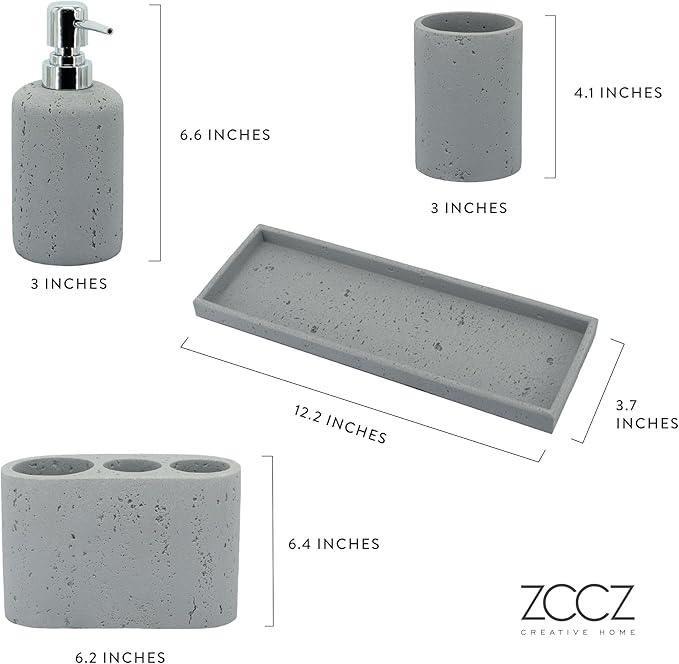 ZCCZ -Beige Bathroom Accessories Set 4 Pcs - Toothbrush Holder, Soap Dispenser, Vanity Tray, Bathroom Tumbler - Countertop Vanity Organizer - Bathroom Accessory Set- Toothbrush Holder Set, Stone Sets - ModernBath