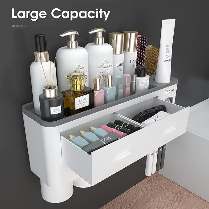 iHave Toothbrush Holders for Bathrooms, 4 Cups Toothbrush Holder Wall Mounted with Toothpaste Dispenser - Large Capacity Tray, 2 Cosmetic Drawer - Bathroom Organizer & Bathroom Accessories Set - ModernBath