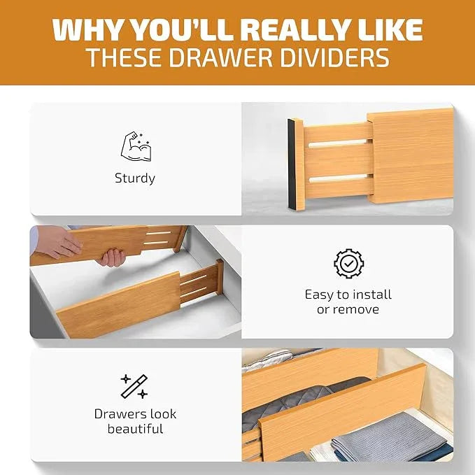 6 Pack Drawer Dividers 4 Inch High, 11”-17" Adjustable Bamboo Organizers Large Expandable Drawer Separators for Cloths, Dresser, Bedroom, Bathroom, Baby Drawer, Office & Kitchen Utensils (Natural) - ModernBath