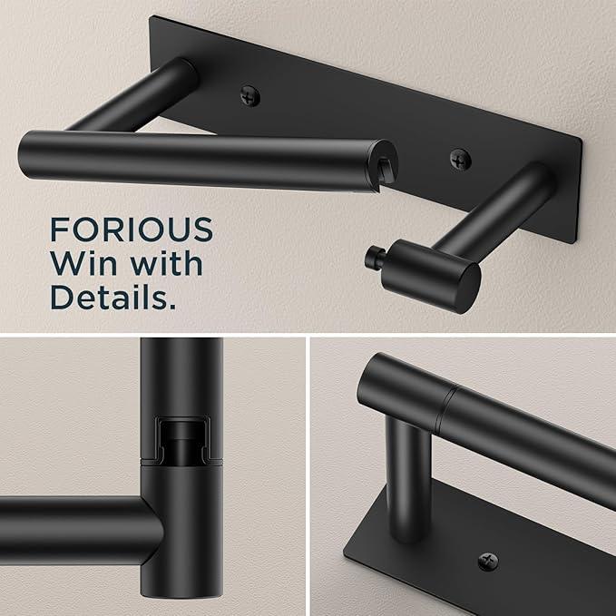 FORIOUS Black Toilet Paper Holder, Adhesive or Wall Mounted Options, Stainless Steel Rustproof Stick on no Drilling Double Post Pivoting Toilet Tissue Roll Holder Wall Mount for Bathroom, Matte Black - ModernBath