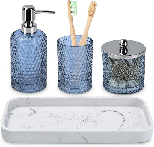 Bathroom Accessories Set,4 Pcs Blue Glass Bathroom Accessories Sets-Lotion Soap Dispenser,Toothbrush Holder,Qtip Holder Dispenser & Resin Vanity Tray,Countertop Vanity Organizer,Blue - ModernBath