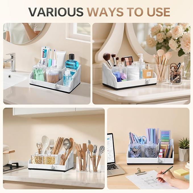 TuCao Marble Bathroom Countertop Organizer, Toothbrush Holders for Bathroom with 2PCS Qtip Holder Dispenser and Toothpaste Holder Drainage for Bathroom Accessories Organization Counter Vanity Storage - ModernBath