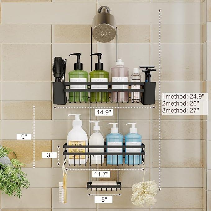 STAHLHEART Shower Caddy Hanging for Bathroom Organizers and Storage,3 Tier Adjustable Anti-Swing Shower Organizer Hanging with Heavy-Duty Suction Cups, Damage-Free Rustproof (Black) - ModernBath