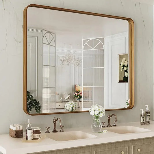 LOAAO 40X24 Inch Bathroom Mirror with Wood Grain Colored Metal Frame, Rounded Rectangle Metal Framed Bathroom Mirror, Anti-Rust, Hangs Horizontally or Vertically - ModernBath