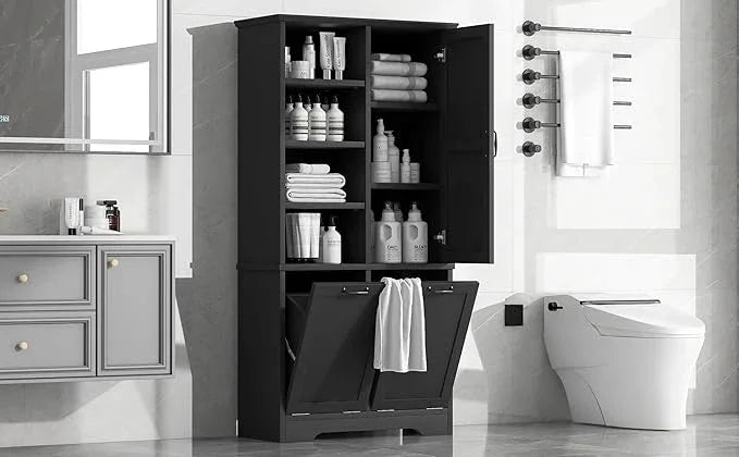 Bathroom Storage Cabinet with Doors and Drawers, Tilt-Out Laundry Hamper, Multiple Storage Space, Freestanding Style, Open Shelve, Adjustable Shelf (Black) - ModernBath