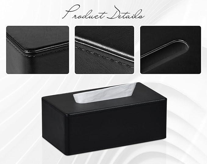 GOLRANLYE Tissue Box Cover Rectangular 9.8"(L) x 5.3"(W) x 4.3"(H) Refined Modern PU Leather Facial Tissue Dispenser Box Holder for Dresser Bathroom Decorative (Black) - ModernBath