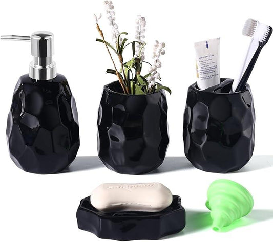 Ceramic Bathroom Accessories Set 4 PCS,Bathroom Toothbrush Holder Set,Soap and Toothbrush Holder Set,Include Toothbrush Holder,Soap Dispenser,Soap Dish,Tumbler,Bathroom Sets Decor Organizer (Black) - ModernBath