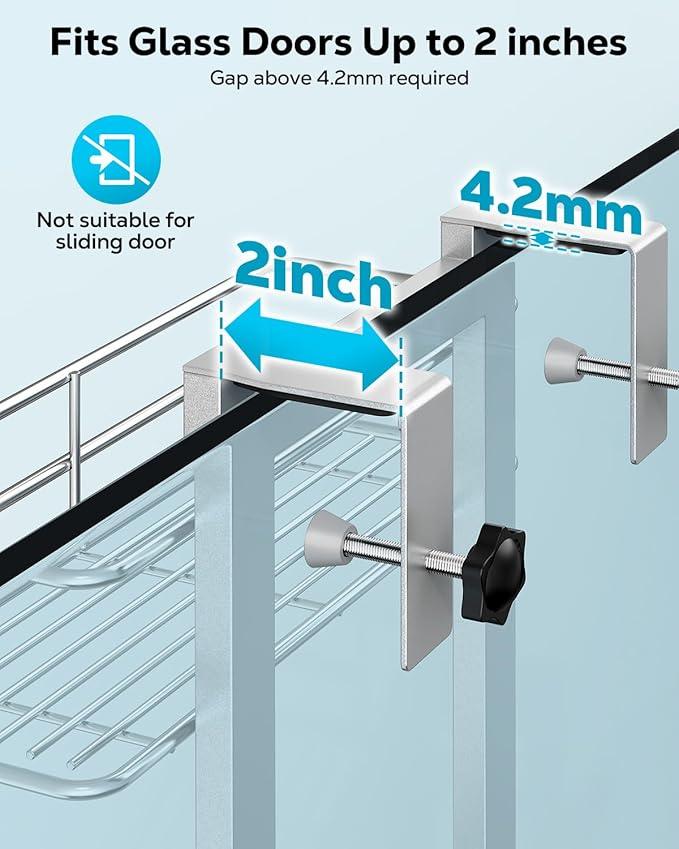 Nieifi Over the Door Shower Caddy, Stainless Steel Rustproof, Adjustable Hanging Shower Organizer, Anodized Aluminum, Silver - ModernBath