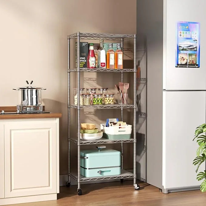 SINGAYE 5 Shelves Storage Shelf Wire Closet Bathroom Organizers Metal Pantry Kitchen Garage Shelving Unit Laundry Room Organization Home Rack Net Basket White with Wheels - ModernBath