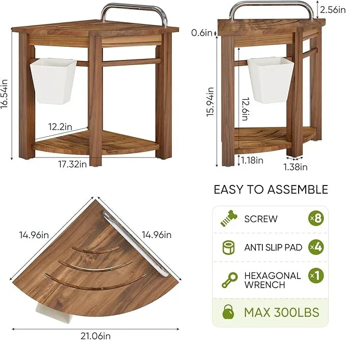 Smart Fendee 16.5“ Teak Shower Bench Seat with Handle, Corner Wooden Spa Bathing Stool with Storage Towel Shelf, Perfect for Inside Shower and Outdoor Use - ModernBath