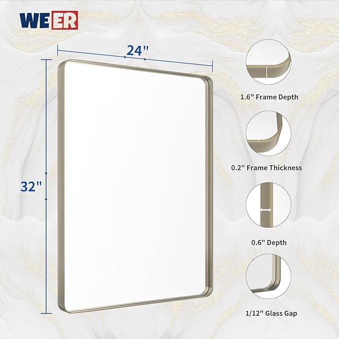 WEER 24X32 Inch Brushed Nickel Bathroom Mirror, Brushed Silver Metal Frame Mirror, Rounded Rectangle Silver Bathroom Vanity Mirror, Tempered Glass, Anti-Rust, Hangs Horizontally or Vertically - ModernBath