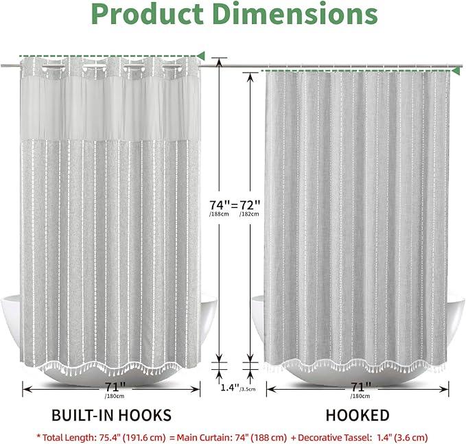 eachope Grey Farmhouse No Hook Shower Curtain Set with Snap-in Fabric Liner,Boho Heavy-Duty Linen Textured Rustic Striped Design,Water-Repellent with Tassels and Sheer Window,Gray,71x74 - ModernBath